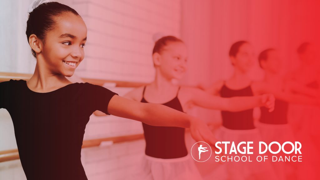 Dancers taking ballet class at the barre, with a Stage Door School of Dance Logo