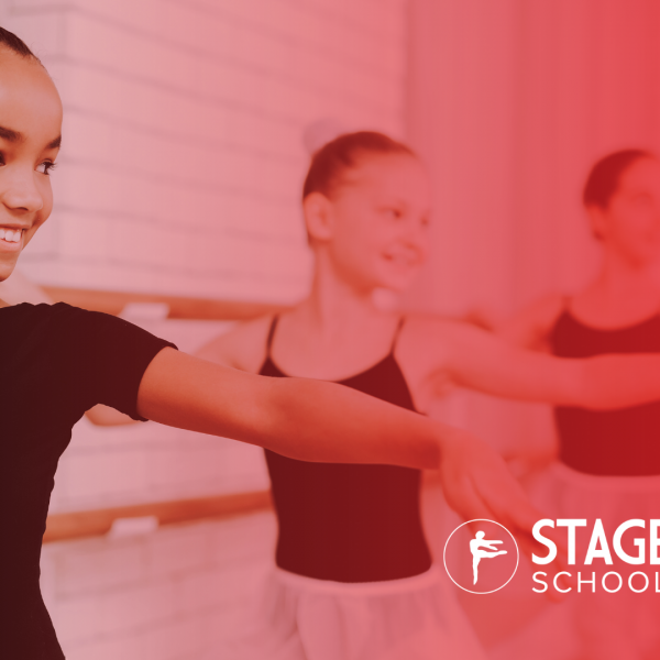 Dancers taking ballet class at the barre, with a Stage Door School of Dance Logo